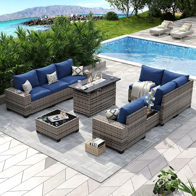 Aoxun 10-Piece Sectional Sofa with 44" Fire Pit, 4" Thicken Cushion, Widen Armrests Wicker for Backyard with Coffee Table, Blue