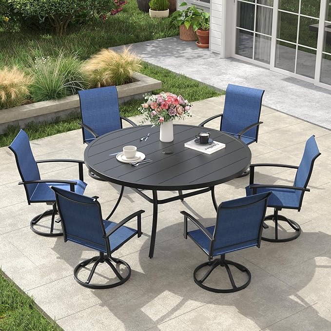 VICLLAX Outdoor Table and Chairs Set for 6, Patio Dining Set of 50 Metal Round Patio Table with Umbrella Hole & 6 Swivel Outdoor Dining Chairs for Backyard Lawn, Dark Blue & Black
