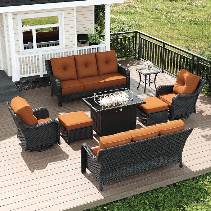 LayinSun 8 Piece Wicker Outdoor Furniture Set with 6-inch Comfy Cushions, High Back Patio Furniture Set with Swivel Rocking Chairs and Fire Pit Table