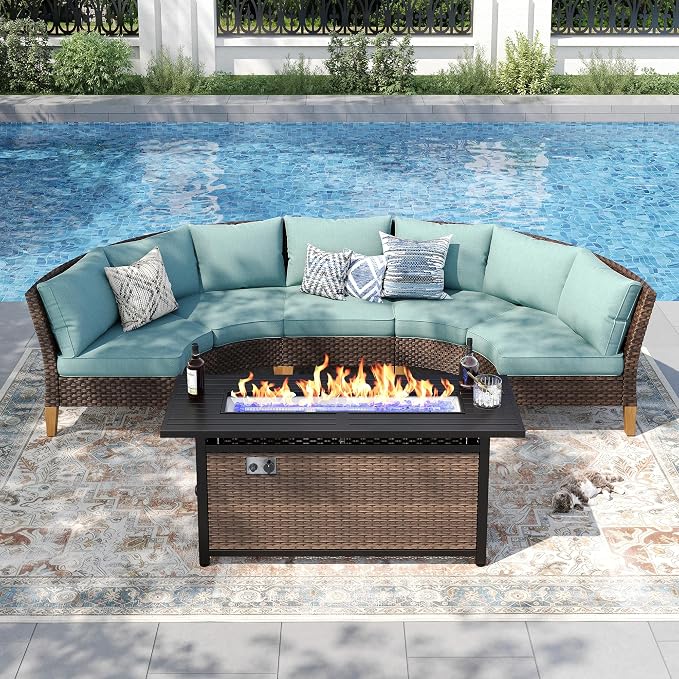 PHI VILLA Half Moon Patio Furniture Set with 56" Fire Pit Table, Outdoor Curved Wicker Sectional Sofa with Cushions and Ottomans, Aqua Blue