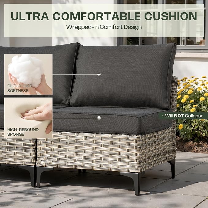5 Piece Outdoor Sectional Patio Furniture Set with Solar Lighted Coffee Table, Modular Wicker Conversation Set with Flexible L-Shaped Layout for Porch Balcony Backyard, Black