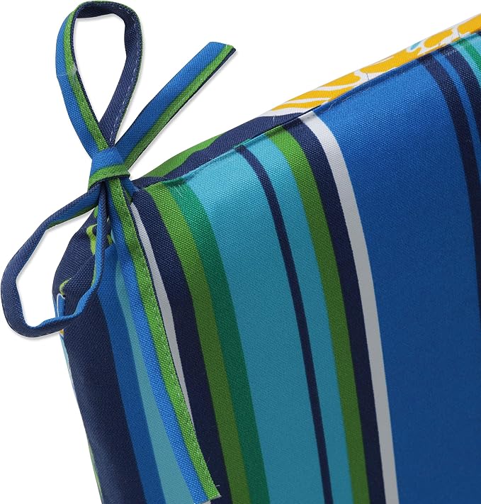 Pillow Perfect Reversible Floral Stripe Indoor/Outdoor Round Corner Chair Seat Cushion with Ties, Plush Fiber Fill, Weather, and Fade Resistant, 15.5" x 18.5", Blue/Yellow Spring Bling, 2 Count