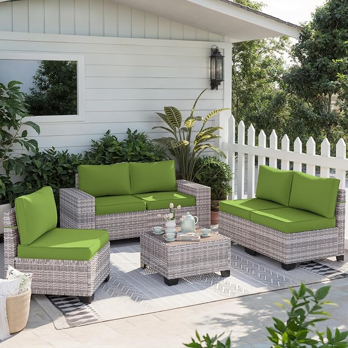 6-Piece Outdoor Patio Furniture Set Wicker Sectional Sofa Set, Patio Conversation Set with Thickened Cushions & Chunky Arms Coffee Table for Garden, Backyard, Poolside, Avocado Green