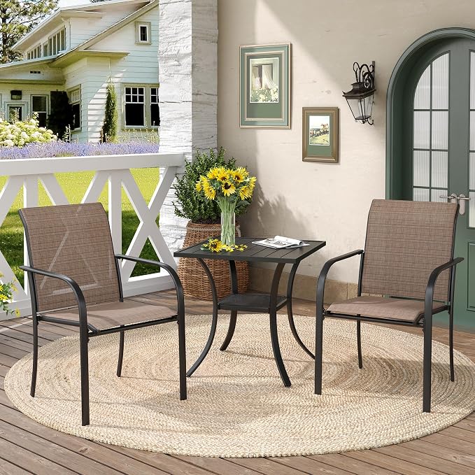 DIFY 3-Piece Outdoor Patio Bistro Dining Set, Black Small Square Dining Table & 2 Brown Stackable Metal Chairs with Breathable Fabric, Outdoor Furniture Set for Balcony, Porch, and Deck