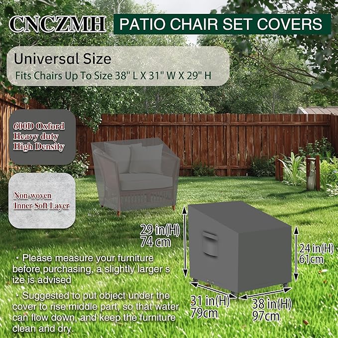 Heavy Duty Patio Chair Covers Waterproof Outdoor, 2 Pack 600D Patio Furniture Covers for Outdoor Rocking Swivel Adirondack Chairs, Lounge Deep Seat 38'' W x 31''D x 24''H/ 29''H Grey