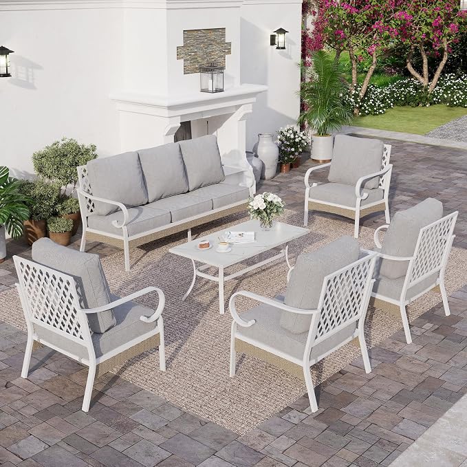 SUNSHINE VALLEY 6 Piece Metal Outdoor Patio Furniture Set, Patio Conversation Sets 1 3-Seater Sofa, 4 Single Sofa with 5.75" Extra Thick Cushion and Coffee Table, White Frame Backyard Furniture, Gray