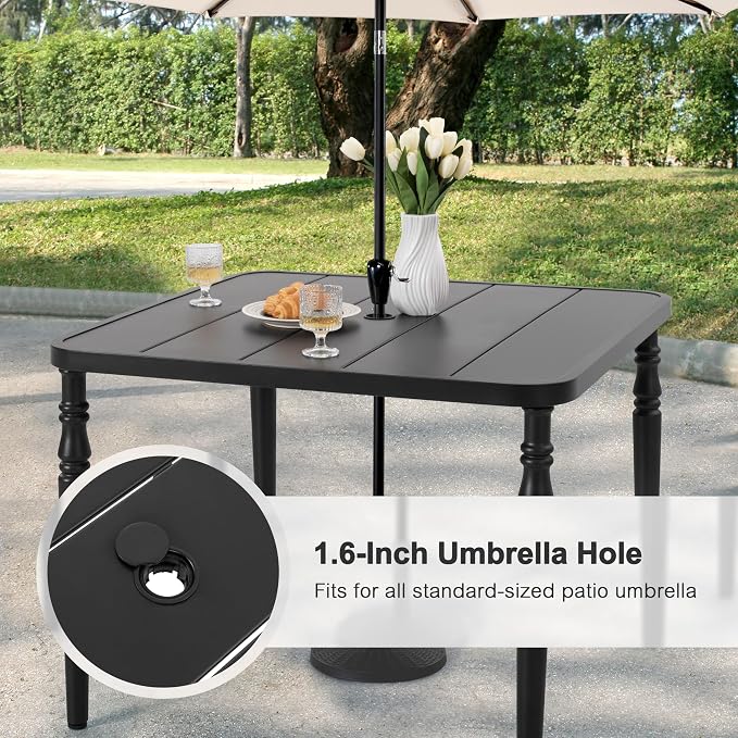 NUU GARDEN 5-Piece Metal Dining Set, 4 Stackable Wide Seat Chairs with 37" Square Table Umbrella Hole, All-Weather Patio Furniture for Backyard Balcony Poolside Lawn Garden,Black