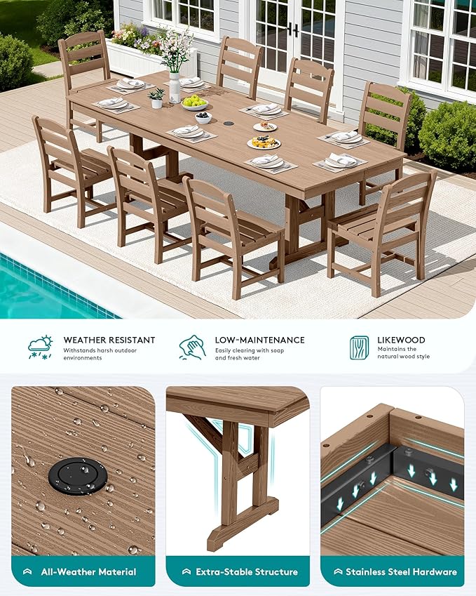 SERWALL Outdoor Armless Dining Chairs Set of 4, All-Weather HDPE Patio Dining Chair with 19.7" Widened Seat, for Backyard, Deck, Lawn and Garden, Brown