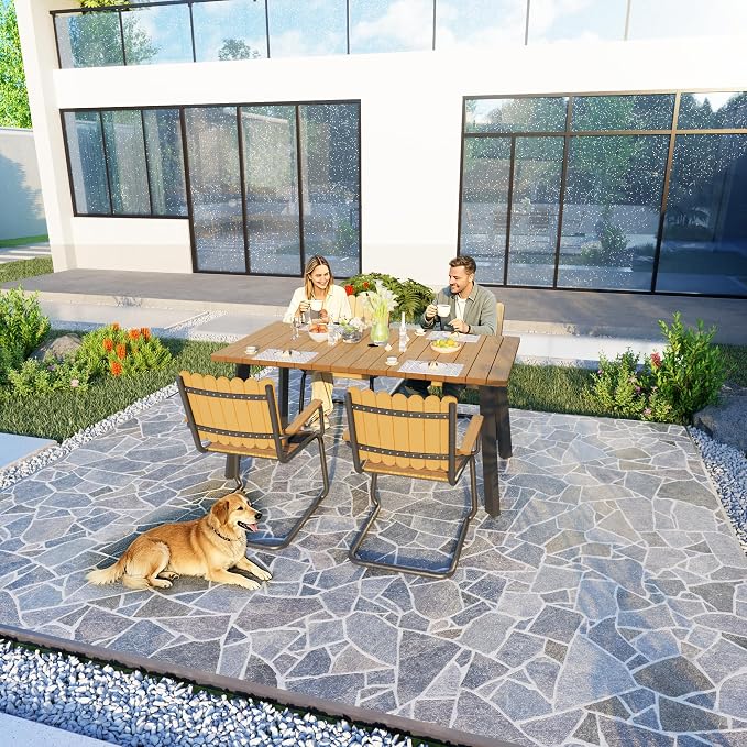 Outdoor Dining Set for 4, Patio Table and Chairs Set with Umbrella Hole, 5 Pieces All-Weather HDPE Outdoor Furniture Sets for Backyard Poolside Lawn Garden (Gray & Teak)
