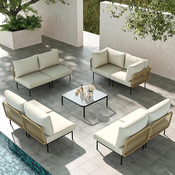 LayinSun 9 Pieces Aluminum Patio Furniture Set, Modern Modular Sectional Sofa with Coffee Table and Upgrade Thickness Cushion