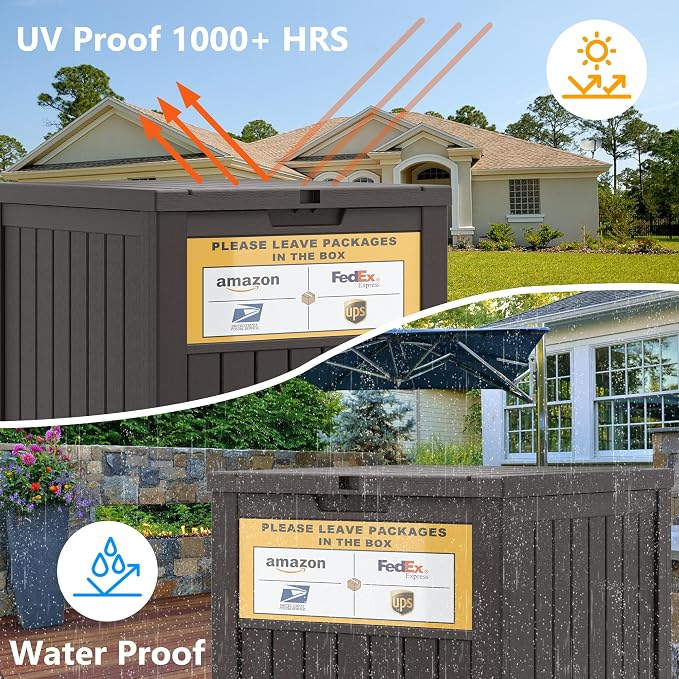 LHBGO Package Delivery Box for Outside, with Delivery Sign 48 Gallon Storage with Lockable Secure, Large Resin Outdoor Package Drop Container