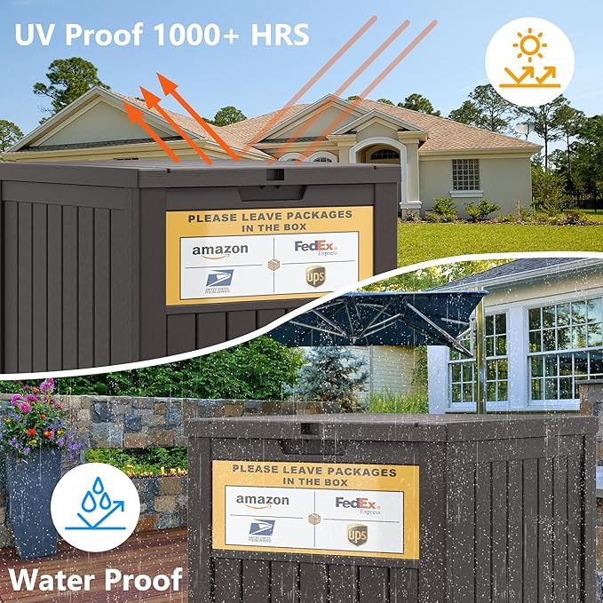 LHBGO Package Delivery Box for Outside with Sign, 48 Gallon Storage with Lockable Secure, Large Double Wall Resin Outdoor Package Delivery Waterproof