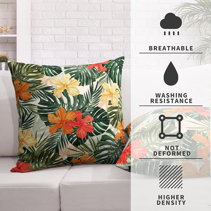 Hawaiian Hibiscus Flower Pillow Covers for Home Decor Living Room Patio Summer Tropical Throw Pillow Covers 24x24 Monstera Palm Leaves Pillow Case Set of 2