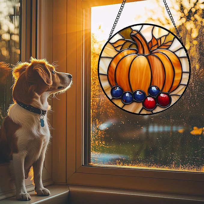 DASTOLL Stained Glass Window Hanging Fall Pumpkin Berries 6.3" - Suncatcher Door Garden Kitchen Sunroom Sun Catcher Autumn Home Decor Birthday for Mom Grandma Men Woman