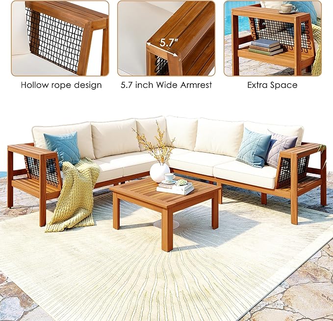Merax 4 Pieces Patio Furniture Set, Outdoor L-Shaped Sectional Sofa Set with Coffee Table, Acacia Wood Conversation Seating & Thick Cushions and Side Table, for Backyard, Garden and Poolside, Beige