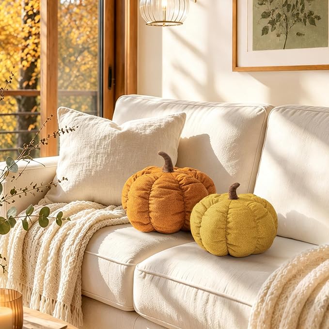 AELS Pumpkin Pillows Set of 2, 14" Burnt Orange & Mustard Fall Pillows | for Couch Sofa Bed Living Room Home Decor, Farmhouse Textured 3D Fall Halloween Thanksgiving Decorative Accent Pillows