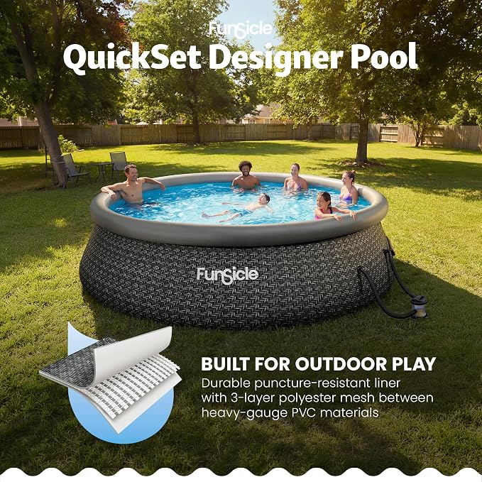 Funsicle Quickset Designer 12' x 36" Round Above Ground Swimming Pool, with FiltraBoost 800 GPH Filter Pump, Type D Filter Cartridge & Repair Patch, Dark Herringbone Print
