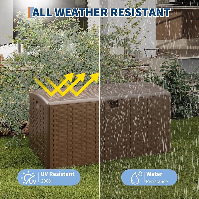 IDEALHOUSE 100 Gallon Resin Deck Box, Waterproof Outdoor Storage Box with Lockable Lid & UV Resistant, Patio Furniture Cushion Storage Container for Garden, Backyard, Poolside (Brown)