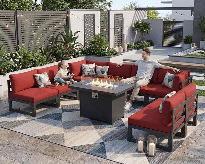 NICESOUL 9 Pcs Modern Aluminum Outdoor Patio Furniture Set with Fire Pit Table Propane/Gas, 29" Wide Deep Seat, Fade Resistant Large Sectional Sofa, 500 lbs Heavy Duty Backyard Conversation Set, Red