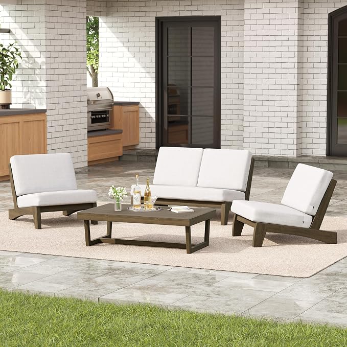 4 Pieces Patio Furniture Sets, All-Weather Outdoor Wood Bistro Set Patio Conversation Coffee Table Chiars and Patio Loveseat for Balcony, Backyard
