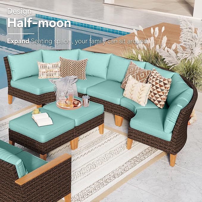 GREEN PARTY 9 Pieces Wicker Patio Furniture Set, All-Weather Outdoor Rattan Half-Moon Curved Patio Sectional Sofa Conversation Set 9 Seats with 4" Thick Cushions for Backyard, 2 x Ottomans (Blue)