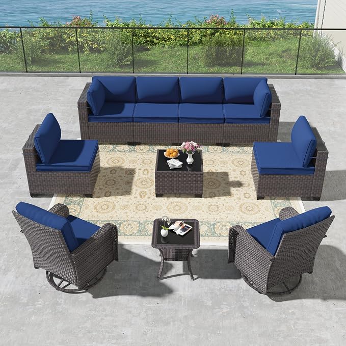 Kullavik 10PCS Outdoor Patio Furniture Set,PE Wicker Rattan Sectional Sofa Patio Conversation Sets with Tempered Glass Table,Swivel Rocking Chairs Set,Navy Blue