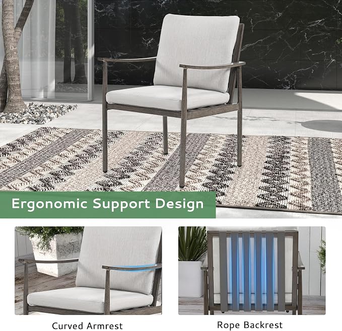 5-Piece Outdoor Dining Set - Aluminum Patio Dining Set with Rope Backrest,2 Swivel Rocking Chairs,2 Fixed Chairs and Square Table with Umbrella Hole,Removable Cushion for Lawn Porch Yard,Grey