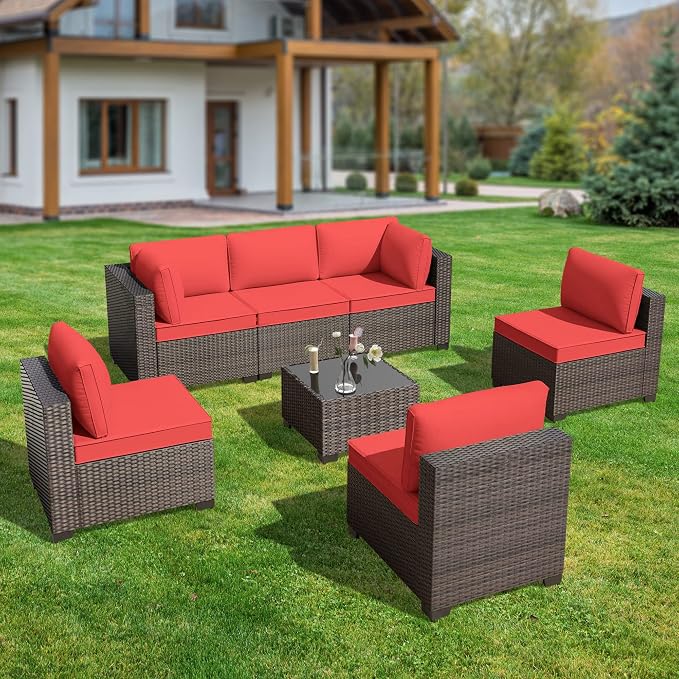 7 Pieces Outdoor Patio Furniture Set Wicker Sectional Sofa with Cushions & Tea Table Patio Rattan Conversation Chair Sofa Set Red…