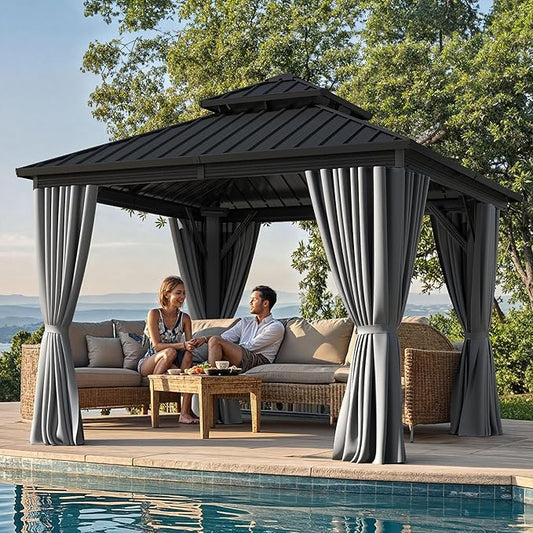 YITAHOME 10X10FT Hard Top Gazebo Patios Outdoor Double Roof Canopy Aluminum Frame Garden Gazebo with Curtains Netting for Backyards Decks Lawns, Gray