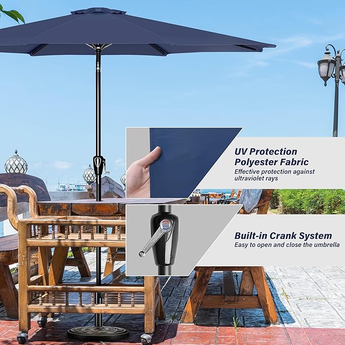 YSSOA 9' Patio Umbrella with 50lbs 20" Capacity Fillable Heavy Duty Round Base, 8 Sturdy Ribs, for Outdoor Lawn, Deck, Poolside, Dark Blue and Black