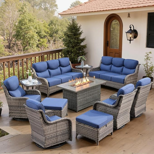 Belord Luxury 6" Thick Cushioned 11 Pieces Patio Furniture Set with Fire Pit Table, Wicker Outdoor Conversation Set with High Back Swivel Rocker Chairs for Deck Porch Yard and Poolside - Grey+Blue