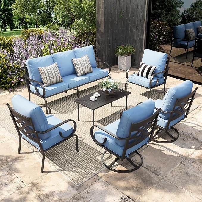 Sophia & William Patio Conversation Set for 7, 3-Seater Sofa, 2 Fixed Chairs, 2 Swivel Chairs and a Coffee Table, Metal Outdoor Furniture with 5.75" Extra Thick Cushions, Blue
