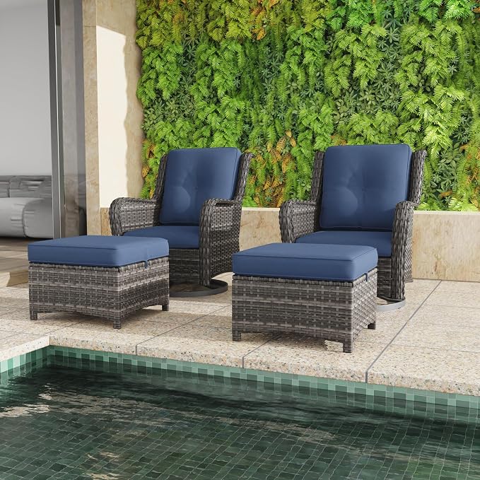 5 Piece Outdoor Patio Furniture Set Wicker Conversation Bistro Set Swivel Rocking Chairs with Side Table and Ottomans for Backyard, Porch, Deck(Mixed Grey/Blue)