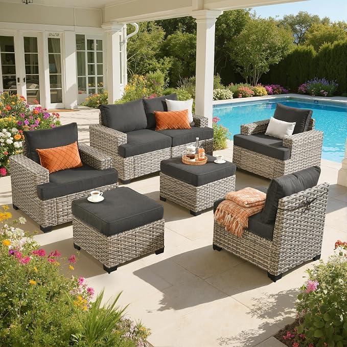 Outdoor Sectional Patio Furniture Set,7 Pieces All Weather Rattan Wicker Conversation Sets,Out Door Furniture with Ottoman Single Chair,Black