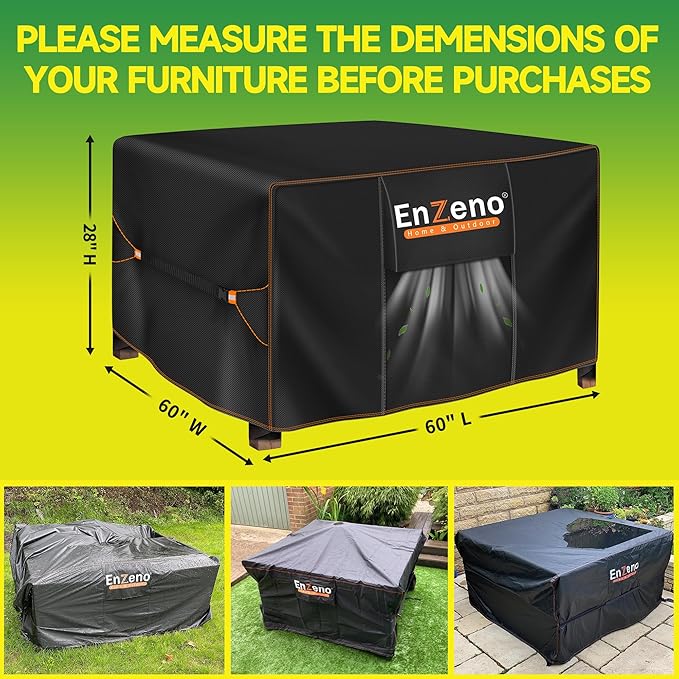 Enzeno Patio Furniture Set Cover Waterproof, Square Outdoor Table and Chair Set Covers, Heavy Duty Outside Weatherproof Garden Rattan Set Covers for Protection 60" L x 60" W x 28" H Black