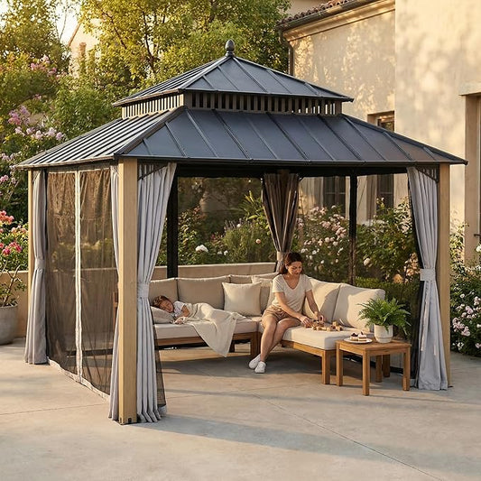 SUNJOY Kingston 12' x 12' Hardtop Wood Gazebo with Galvanized Steel Double Roof, Curtain and Netting, Cedar Posts Permanent Pavilion Gazebo for Garden, Patio, Deck, Lawn