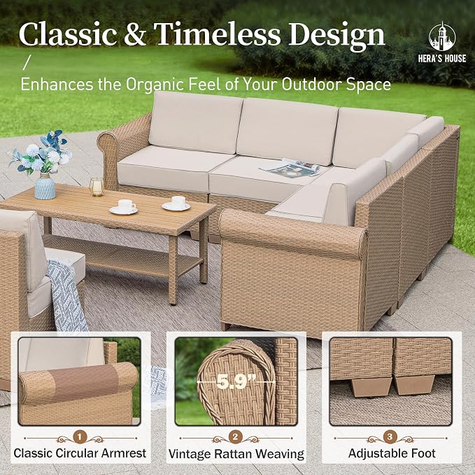 HERA'S HOUSE 6 Piece Patio Furniture Set, Outdoor Sectional Wicker Sofa with 44" Coffee Table, 5.5" Thick Waterproof Cushion All Weather 5 Seats Modular Conversation Set for Garden Deck Backyard