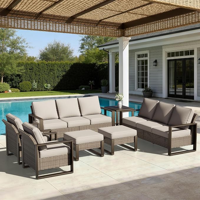 Joyside Outdoor Patio Chairs, 7 Pieces Wicker Rattan Furniture Set, 2 Patio Chairs, 2 Sofa, 2 Ottoman and 1 Table, Metal Wide Armrest, Thick Cushions and Deep Seating for Garden, Backyard, Porch