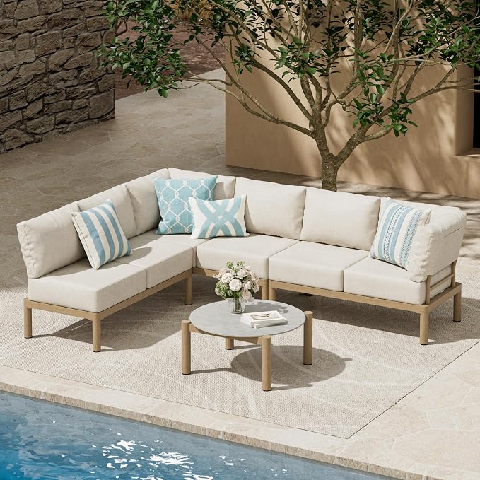 Patio Furniture Set for 6 seat, Aluminum Outdoor Sectional Sofas with 7 Inch Olefin Cushion and Glass Coffee Table, Modern Outdoor Conversation Sets for Porch, Backyard, Sunroom, L-Shaped, Beige