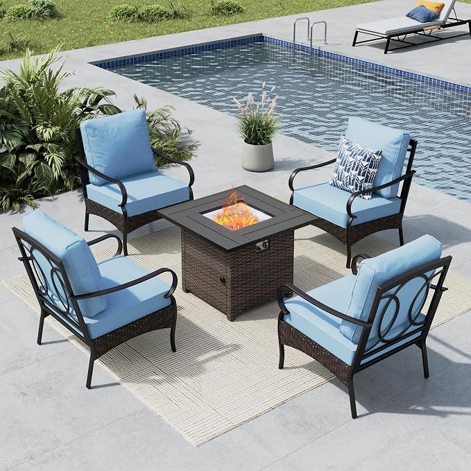 MFSTUDIO 5 Pieces Outdoor Patio Furniture Set, Metal Outdoor Conversation Sofa, Rattan Wicker Patio Sectional Sofa Set with 4 x Fixed Single Sofa, 1 x Fire Pit Table, Blue