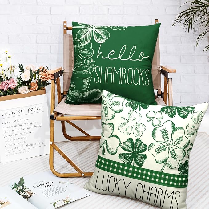 St Patricks Day Lucky Charm Pillow Covers Hello Shamrocks Hat Pillow Case 24x24 Green Clover Cotton Linen Cushion Case for Irish Party Decorations Couch Sofa 2 Pack