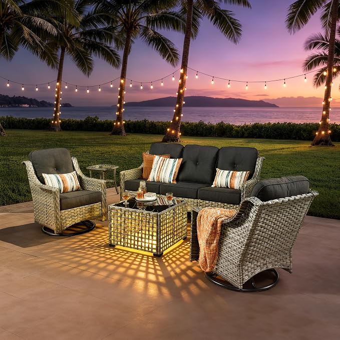 ovios 5 Piece Outdoor Patio Furniture with 3 Seat Sofa,Rattan Wicker Coversation Set with Swivel Rocking Chair,Balcony Sofa Set with Shiny Table for Outside Porch Backyard Pool, Black