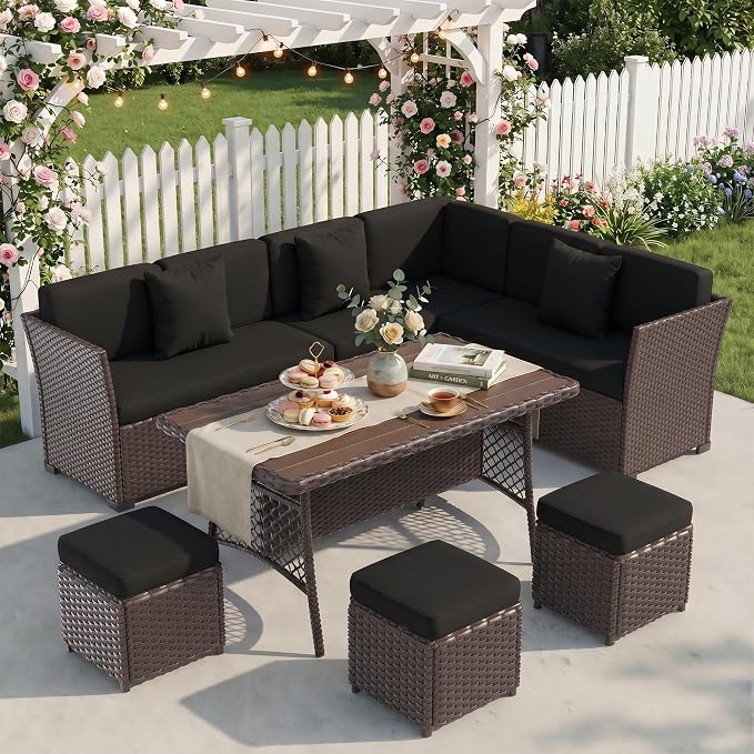 Patio Furniture Set, 7 Pieces Outdoor Dining Sets, All Weather Rattan Conversation Set, Outdoor Dining Sectional Sofa with Large Dining Table, Ottoman (Brown-Black, A-7 Pieces)