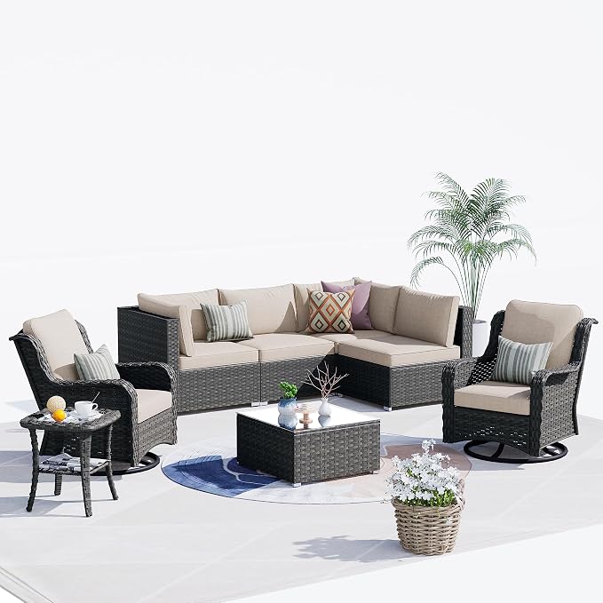 HOOOWOOO Patio Outdoor Sectional Furniture Sofa Set with Swivel Chairs,8 Piece L Shaped Corner Wicker Rattan Couch Set with Glass Table,Modern 6 Persons Summer Patio Conversation Set(Beige Tan)