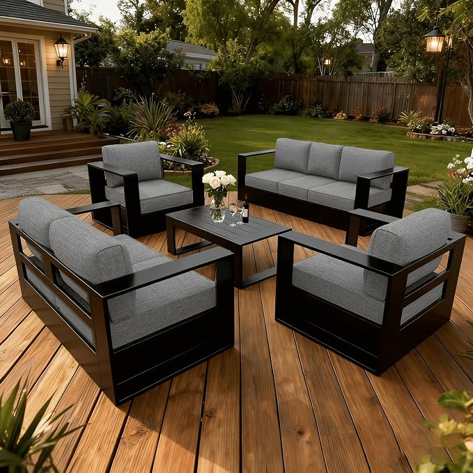 LayinSun Oversized Aluminum Outdoor Furniture Set, 5 Piece Patio Sofa Sets with Coffee Table, Deep Seating and Upgraded 6-inch Cushions for Porch, Balcony, Deck