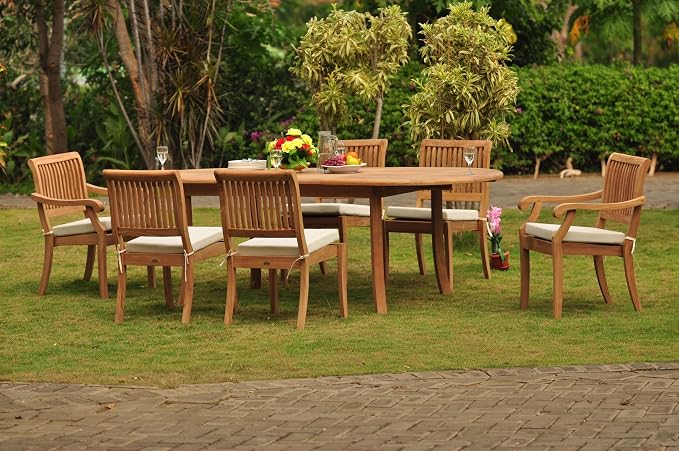 6 Seater 7 Pc Grade-A Teak Wood Dining Set: 94" Oval Table and 2 Stacking Arbor Arm & 4 Armless Chairs #TSDSABy