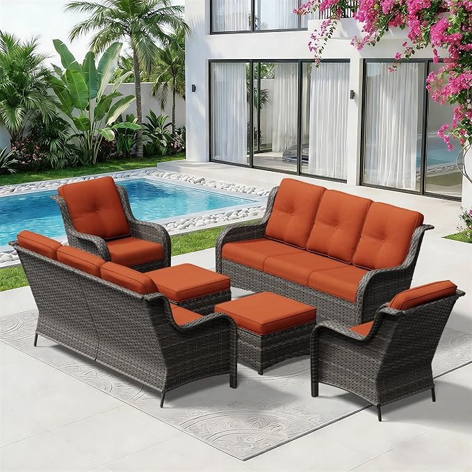 6 Piece Outdoor Wicker Patio Furniture Set, Patio Chairs Set with Thickened Olefin Cushions, High Back and Deep Seating, Hand-Woven PE Rattan, Ottoman for Porch, Deck
