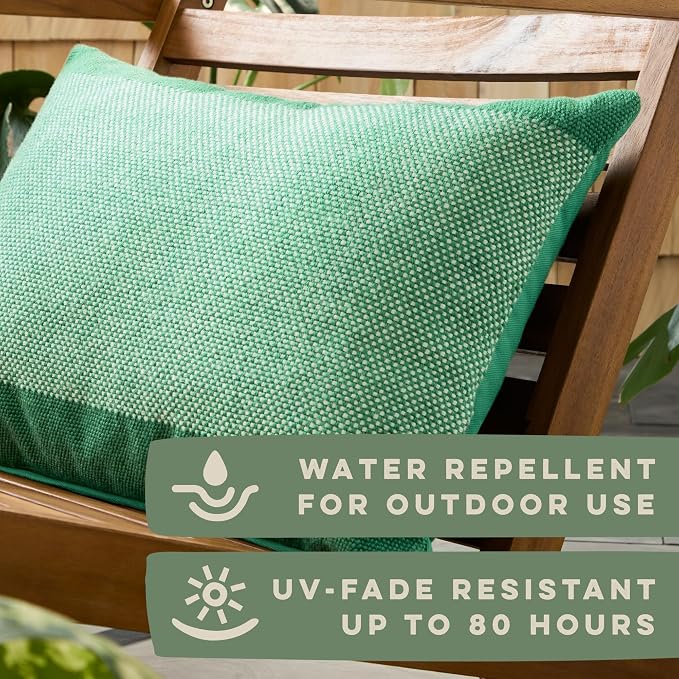 TOWN & COUNTRY TERRA Alara Solid Border Handcrafted Indoor Outdoor Decorative Pillow, 100% Recycled Materials, UV Fade Resistant, Water Repellent, Green/Ivory, 14"x20"