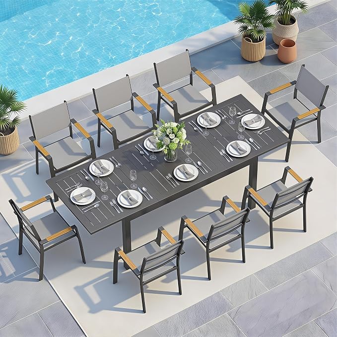 Wisteria Lane Aluminum Outdoor Patio Table and Chairs Set with 91.7" L-62 L Expandable Dining Table, 9-Pieces Outdoor Dining Set for 8, Patio Furniture Set with Stackable Quick Drying Chairs, Grey