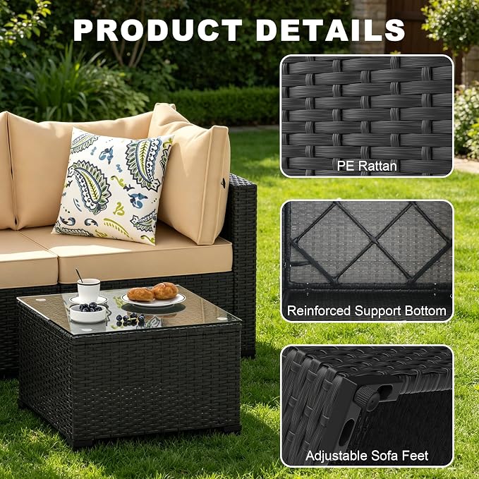 5 Piece Patio Furniture Sets, Outdoor Patio Set Sectional Sofa, All-Weather PE Rattan Couch with Cushion, Glass Table for Gatherings, Parties, Sports Viewing (Khaki, 5-Piece Set)